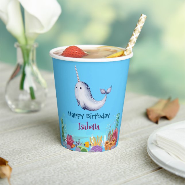 Cute Narwhal Fish Unicorn Whale sea Birthday  Paper Cups (Insitu)