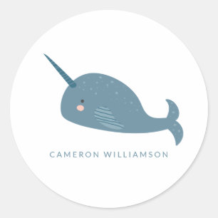 Cute Narwhal in Blue Personalised   Classic Round Sticker