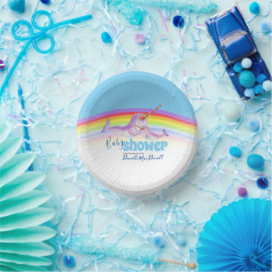 Cute narwhal mother baby blue rainbow baby shower paper plate