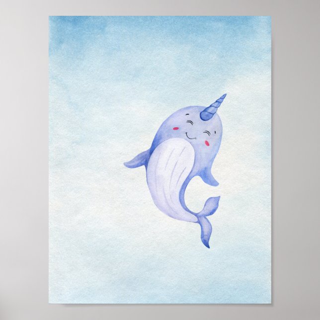 Cute Narwhal Ocean Nautical Nursery Poster (Front)