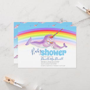 Cute narwhal rainbow baby shower blue red invitation