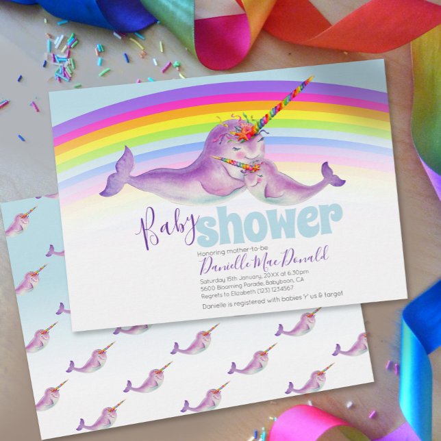 Cute narwhal rainbow baby shower invitations (Creator Uploaded)