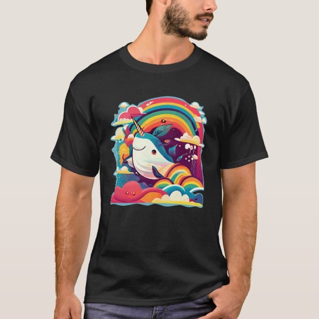 Cute Narwhal Sea Creature Rainbows Clouds And Narw T-Shirt (Front)
