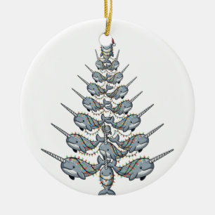 Cute Narwhal Wearing a Santa Hat with Festive Ceramic Ornament