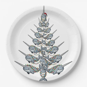 Cute Narwhal Wearing a Santa Hat with Festive Paper Plate