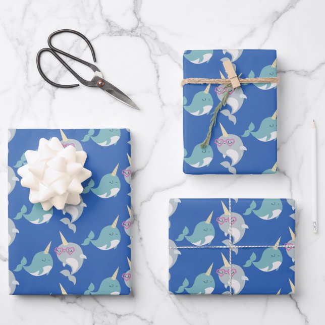 Cute Narwhal Whimsical Cartoon Pattern in Blue Wrapping Paper Sheet (Front)