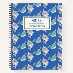 Cute Narwhal Whimsical Pattern Blue Personalised Notebook