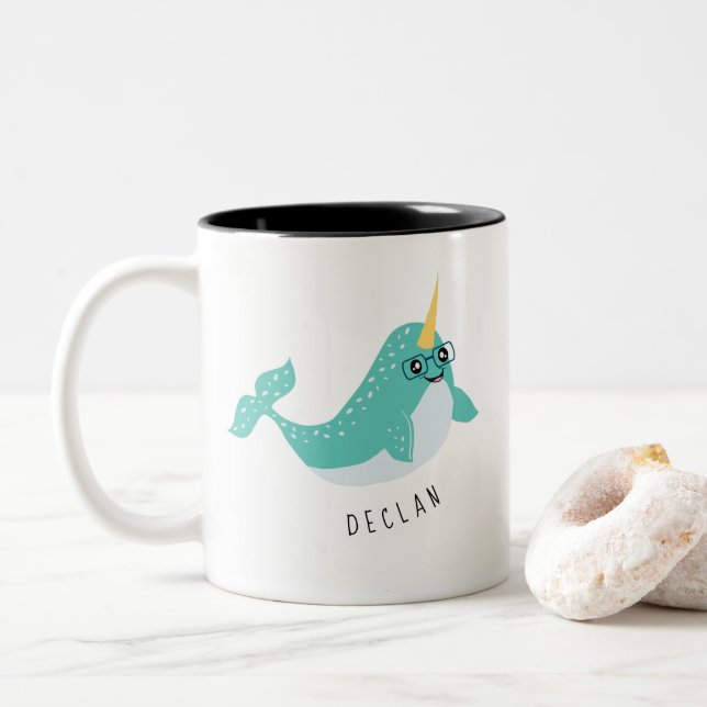 Cute Narwhal with Eyeglasses Two-Tone Coffee Mug (With Donut)