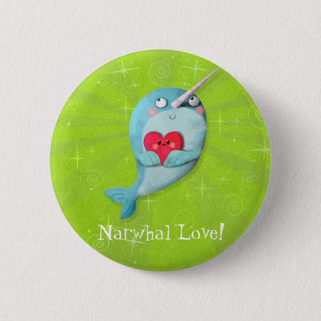 Cute Narwhal with Heart 6 Cm Round Badge (Front)