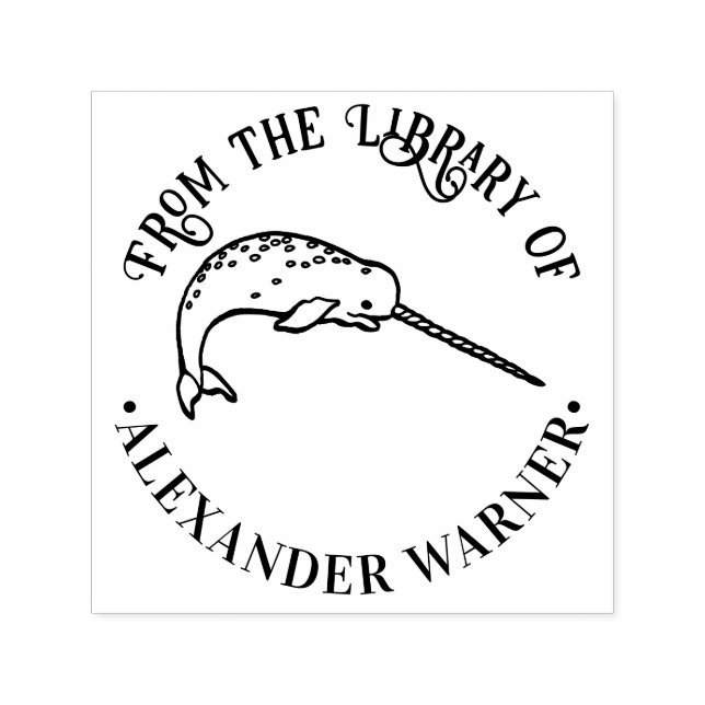 Cute Narwhal with Huge Horn Library Book Self-inking Stamp (Design)