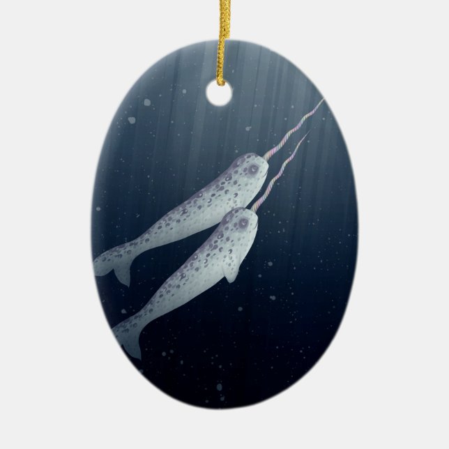 Cute Narwhals Swimming Together Underwater Ceramic Tree Decoration (Front)