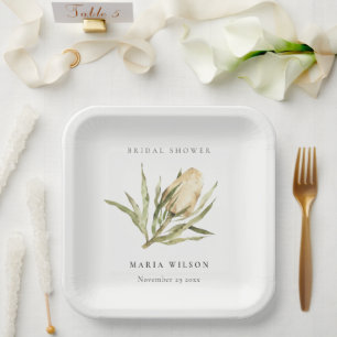Cute Native Banksia Watercolor Flora Bridal Shower Paper Plate