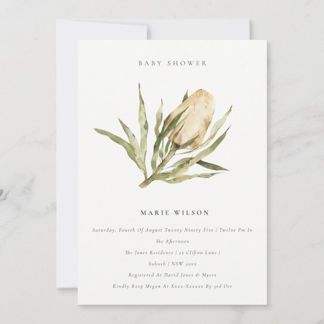 Cute Native Banksia Watercolor Floral Baby Shower Invitation (Front)