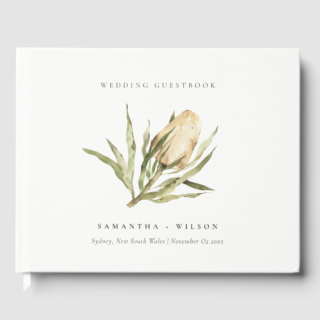 Cute Native Banksia Watercolor Floral Wedding Guest Book (Front)
