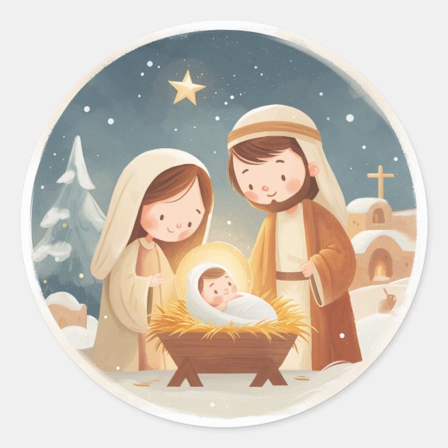 Cute Nativity Christmas Classic Round Sticker (Front)