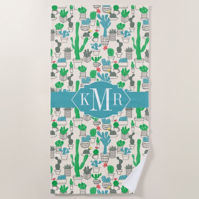 Cute Natural Floral Cacti Pattern Beach Towel (Front)
