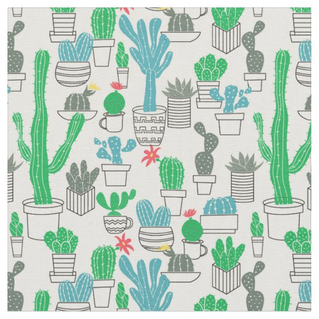 Cute Natural Floral Cacti Pattern Fabric (Close Up)