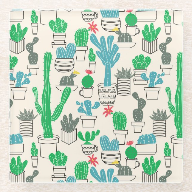 Cute Natural Floral Cacti Pattern Glass Coaster (Front)