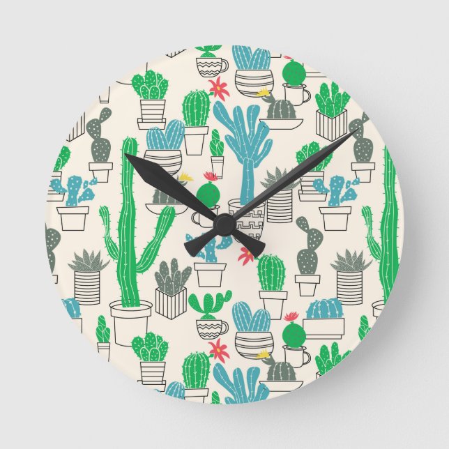 Cute Natural Floral Cacti Pattern Round Clock (Front)