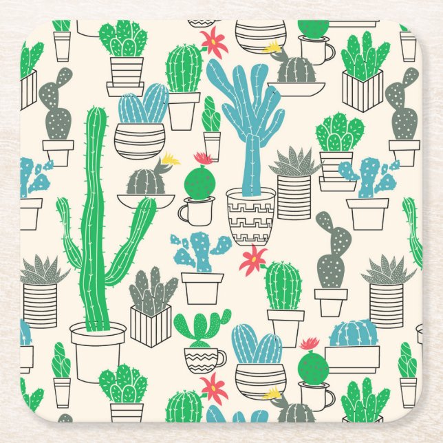 Cute Natural Floral Cacti Pattern Square Paper Coaster (Front)
