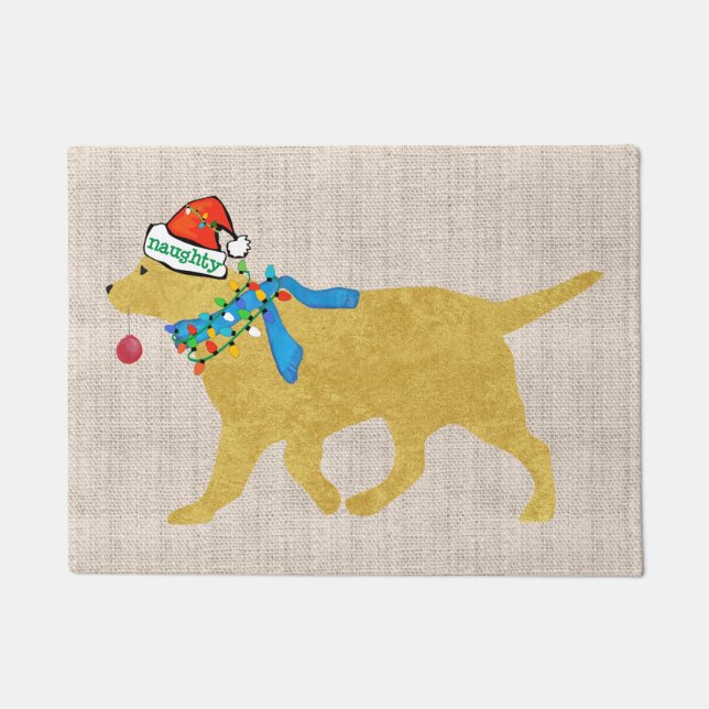 Cute Naughty but Nice Golden Retriever Christmas Doormat (Front)