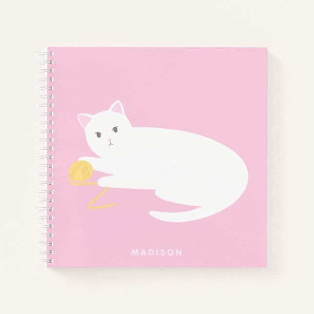 Cute Naughty Cat with Yarn Pink Notebook (Front)