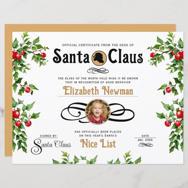 Cute Naughty Nice List Official Photo Certificate (Front/Back)