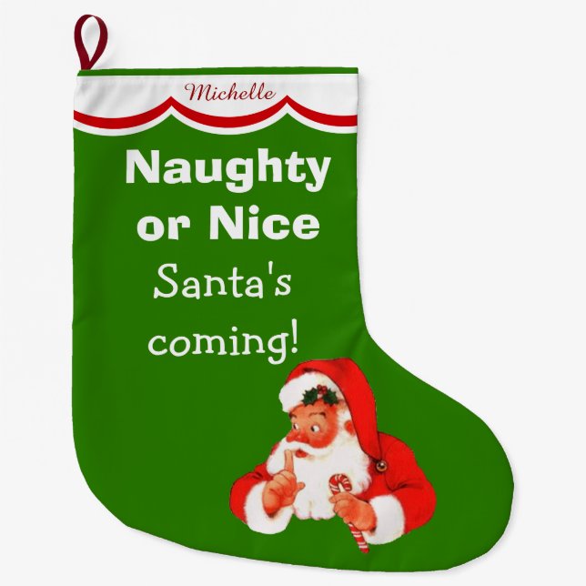 Cute Naughty or Nice Santa Kids' Large Christmas Stocking (Front)
