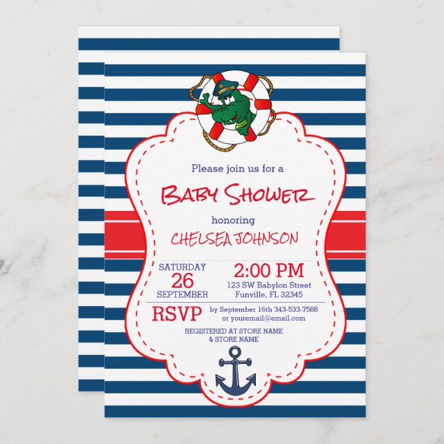 Cute Nautical Alligator Baby Shower Invitation (Front/Back)