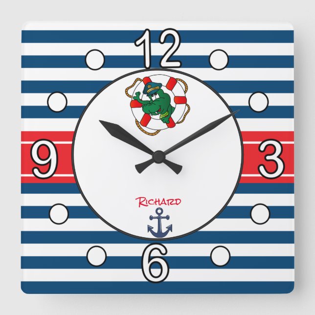 Cute Nautical Alligator Nursery Theme Square Wall Clock (Front)