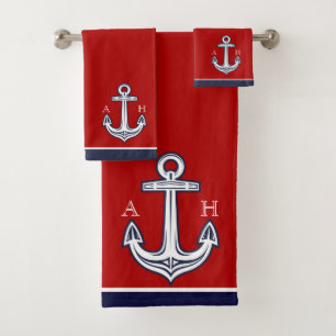 Cute Nautical Anchor Bathroom Red White Navy Blue  Bath Towel Set