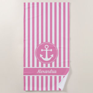 Cute Nautical Anchor Rope Pink White Stripes Beach Towel