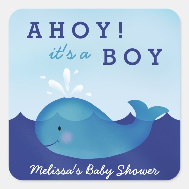 Cute Nautical Baby Shower Stickers | Blue Whale (Front)