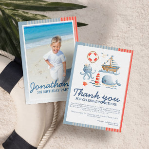Cute Nautical Beach Party Birthday Photo Thank You Card