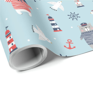 Cute Nautical Bears, Seagulls and lighthouses blue Wrapping Paper