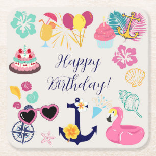 Cute Nautical Birthday Square Paper Coaster