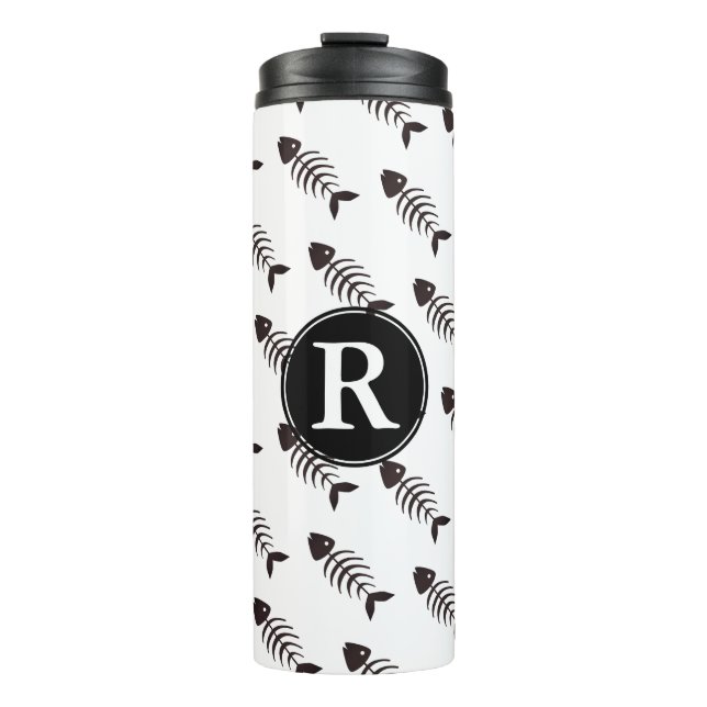 Cute Nautical Black Fish Bones Monogram Thermal Tumbler (Front)