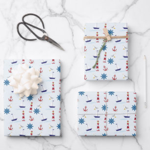 Cute Nautical Blue and Red Sailing Pattern Wrapping Paper Sheet