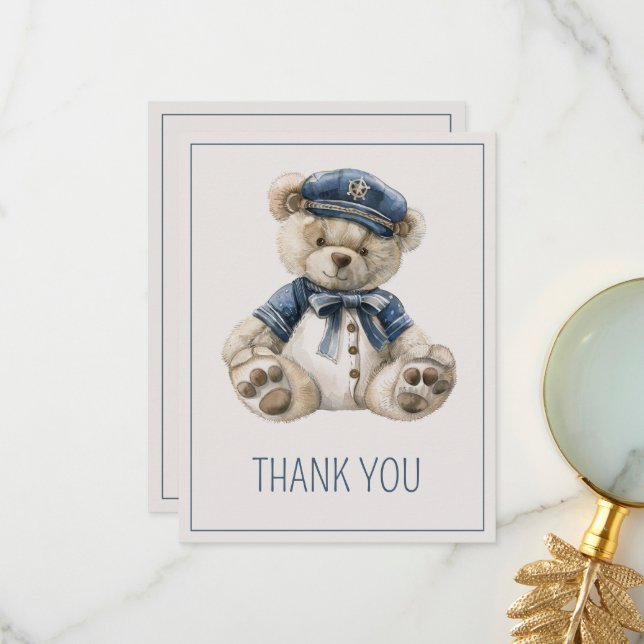 Cute Nautical Blue Baby Bear Baby Shower Thank You Card (Front/Back In Situ)