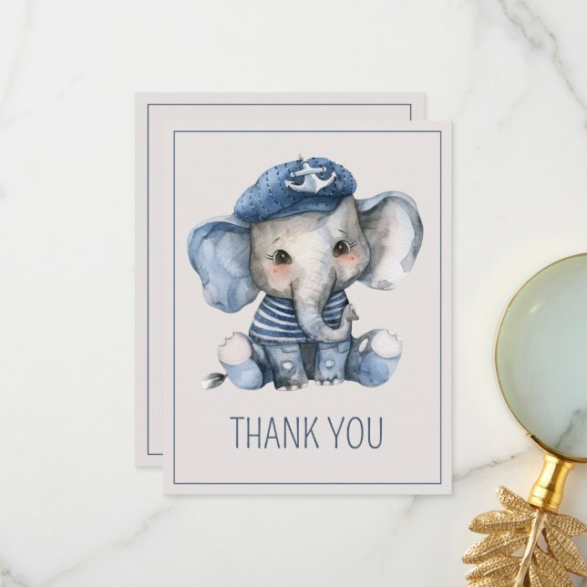 Cute Nautical Blue Baby Elephant Baby Shower Thank You Card (Front/Back In Situ)