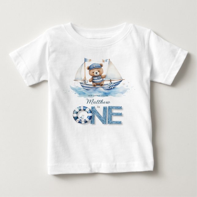 Cute Nautical Blue Boat Teddy Bear 1st Birthday Baby T-Shirt (Front)
