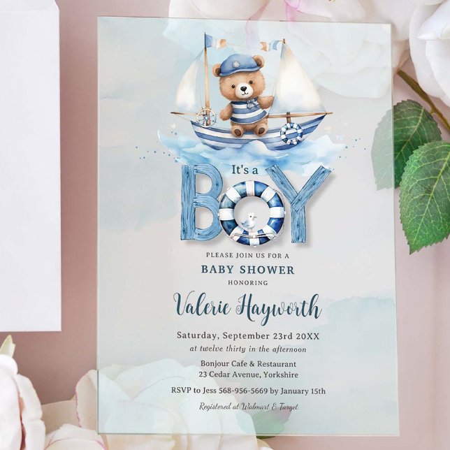 Cute Nautical Blue Boat Teddy Bear Boy Baby Shower Acrylic Invitations (Creator Uploaded)