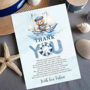Cute Nautical Blue Boat Teddy Bear Boy Baby Shower Thank You Card