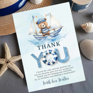 Cute Nautical Blue Boat Teddy Bear Boy Birthday Thank You Card