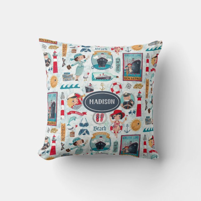 Cute Nautical blue red ocean girly pattern Cushion (Front)