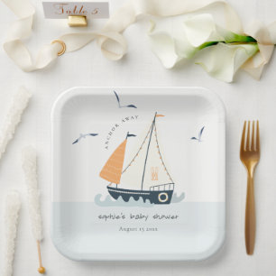 Cute Nautical Blue Sailboat Pastel Baby Shower Paper Plate