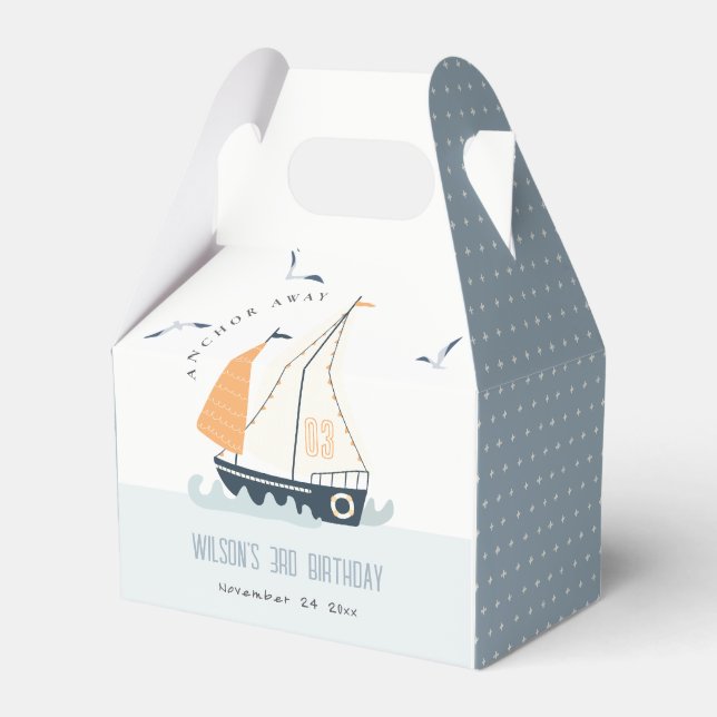 Cute Nautical Blue Sailboat Pastel Kids Birthday Favour Box (Front Side)