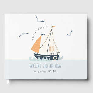 Cute Nautical Blue Sailboat Pastel Kids Birthday Guest Book