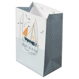 Cute Nautical Blue Sailboat Pastel Kids Birthday Medium Gift Bag