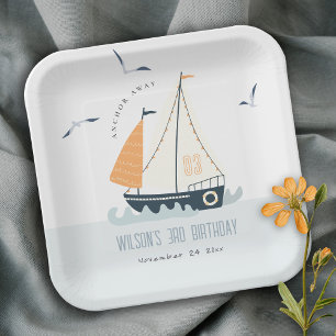 Cute Nautical Blue Sailboat Pastel Kids Birthday Paper Plate